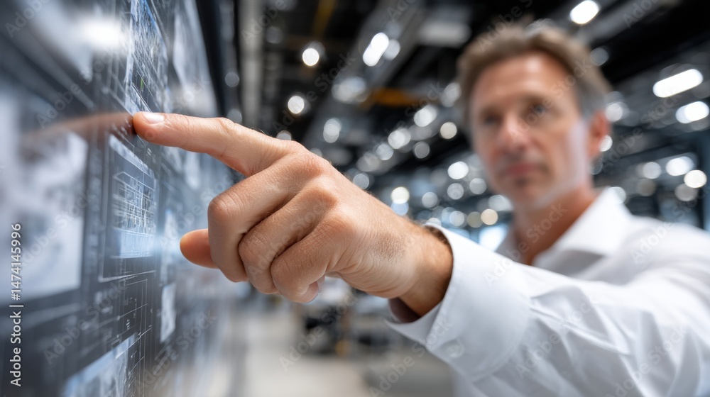 Poster A man pointing at a screen with a finger