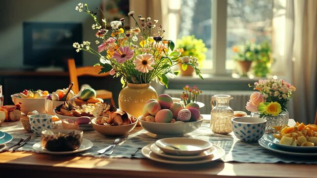 Sunlit easter brunch table with fresh spring flowers and delicious dishes