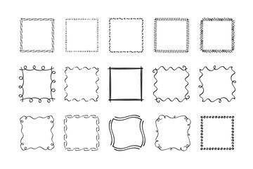 Square doodle stamp frames, hand-drawn wavy curly monograms. Edgings and cadres with simple sketchy scribble swirl design elements. Isolated. Vector illustration.