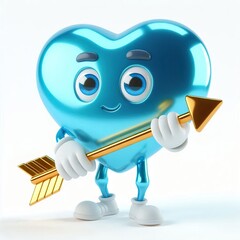 Fototapeta premium Animated character 3D image of a blue glossy candy heart with golden arrow. cute design , white background
