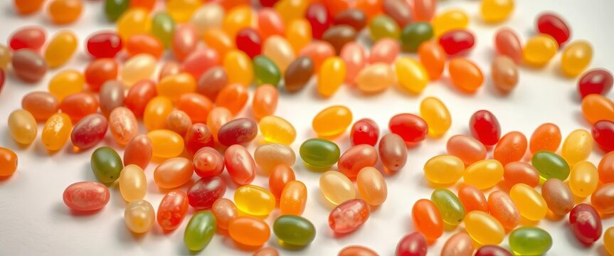 Vibrant jelly beans scattered on pastel background, visual, shiny - Powered by Adobe