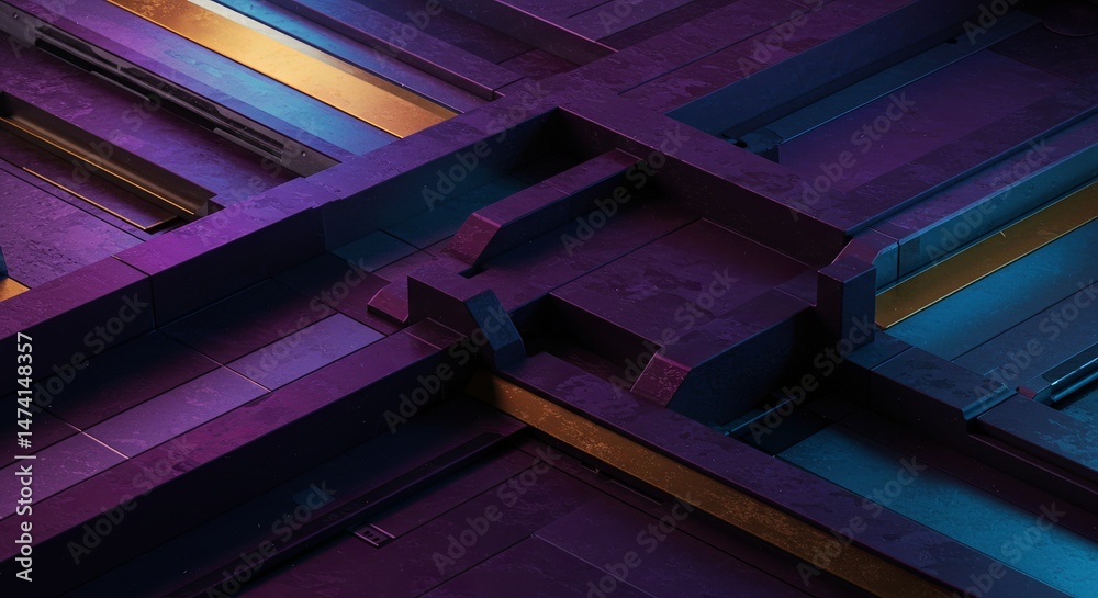 Poster A purple and yellow image of a building with a lot of squares and lines