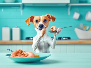 Dog eating shrimp from a spoon in a kitchen