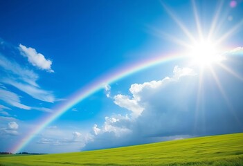 Vibrant rainbow arcing across a sun-drenched blue sky above a serene green field, idyllic, sky © chonlada