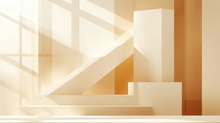 Fototapeta premium Minimalist, sunlit beige interior with geometric shapes