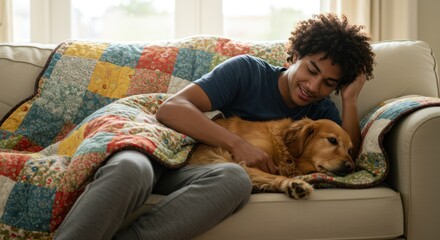 Person and dog relaxing on couch