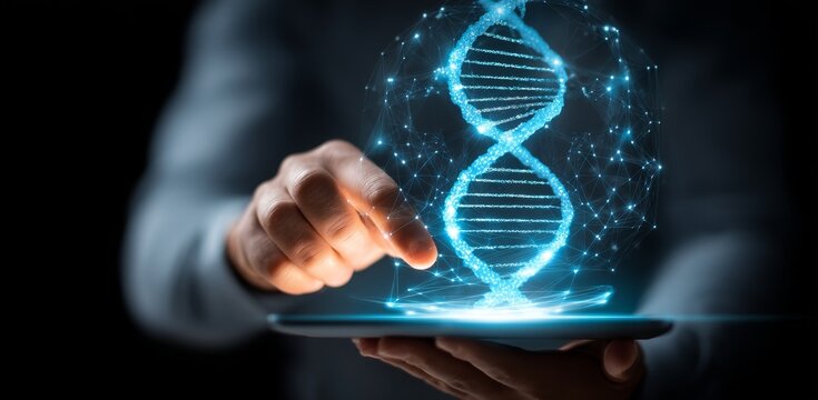 A doctor is examining the abstract concept of luminous DNA molecules through the use of a tablet and virtual interface, furthering the understanding of human genetics in medicine and biotechnology - Powered by Adobe