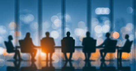 Against the blurred office background, a group of business people meet to discuss corporate matters, while nearby, employees engage in collaborative team planning, presentations, or training