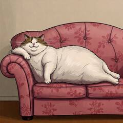 Fat cat on the sofa. Caricature.