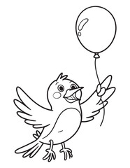Smiling Bird Holding Balloon Line Art Coloring Page