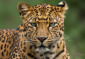 Obraz premium majestic spotted leopard portrait with intense gaze in natural habitat for wildlife conservation awareness and safari photography 