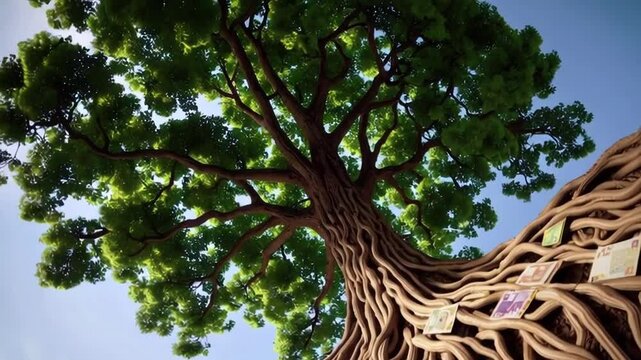 Money tree with twisting roots and lush green canopy growing under blue sky