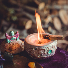 Black Ritual Candle Burning During Full Moon. Esoteric Metamorphosis Ceremony