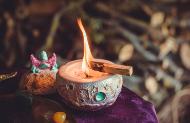 Black Ritual Candle Burning During Full Moon. Esoteric Metamorphosis Ceremony