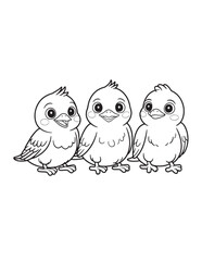 Trio of Cute Baby Birds Standing Together Line Art Coloring Page