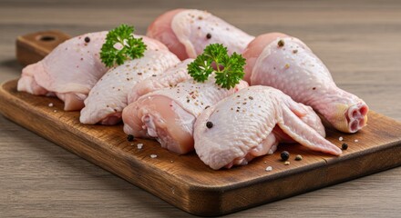 Fresh raw chicken pieces arranged on wooden cutting board close up