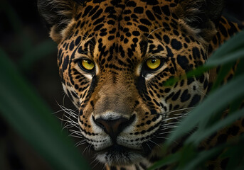 Obraz premium menacing jaguar stare with luminous green eyes and detailed rosette markings for south american wildlife photography collection 