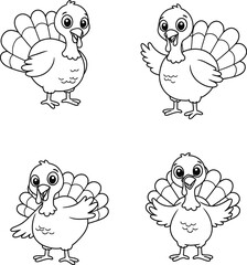 Cute Cartoon Turkeys in Various Poses Including a Coloring Page
