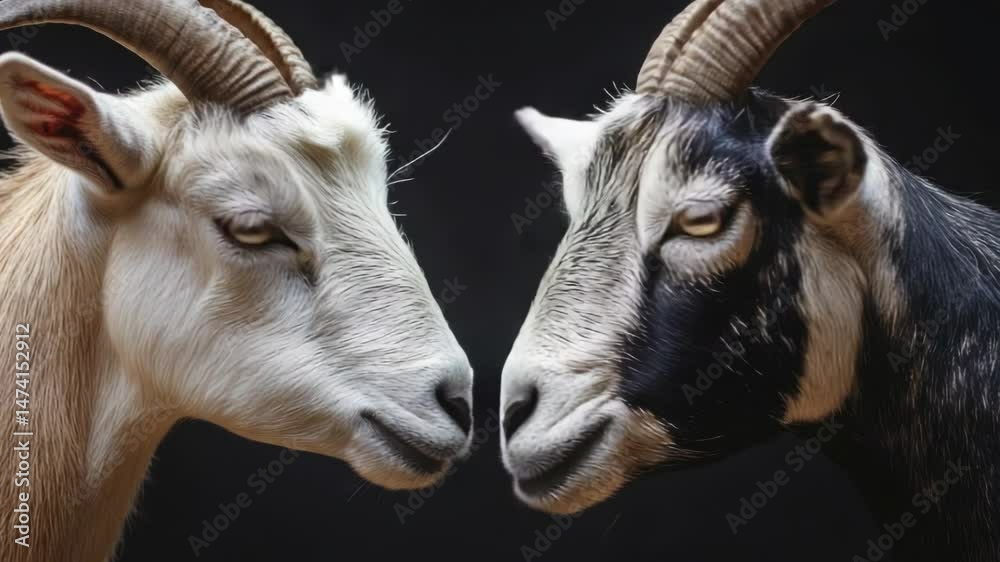Poster two goats standing side by side in a field or meadow