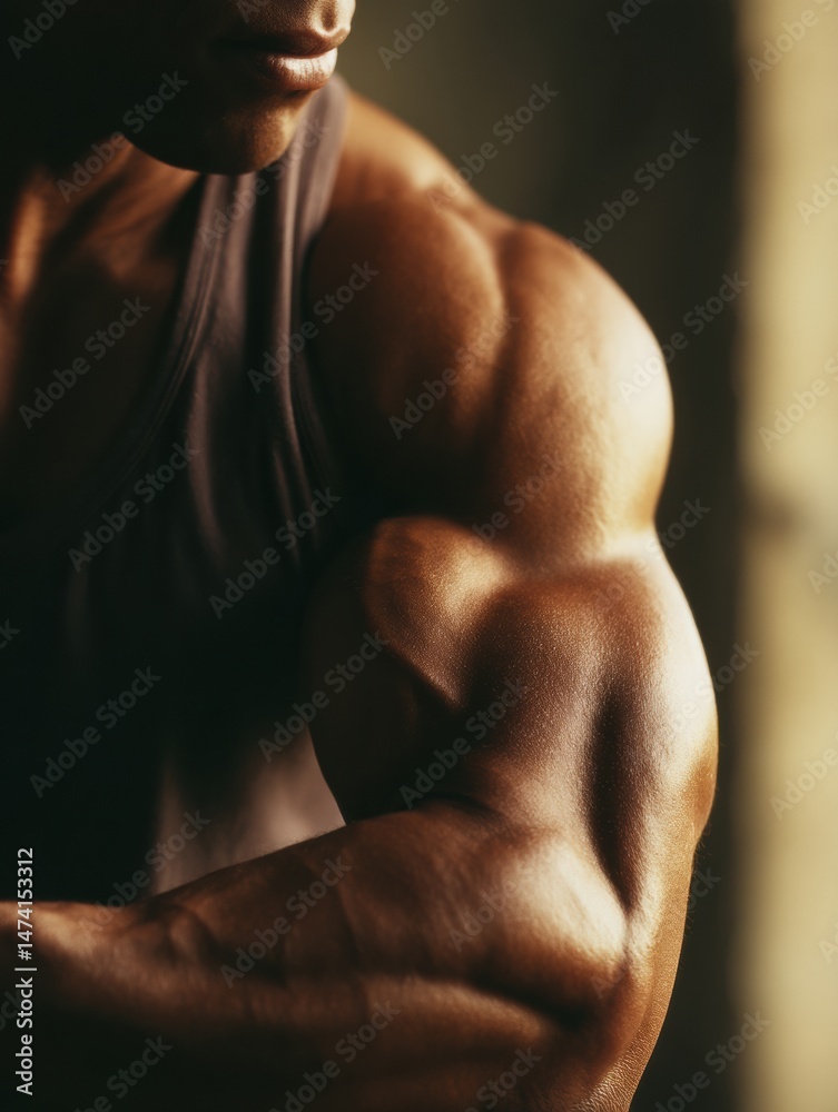 Poster close-up of well-defined biceps during a workout session in low light conditions highlighting muscle