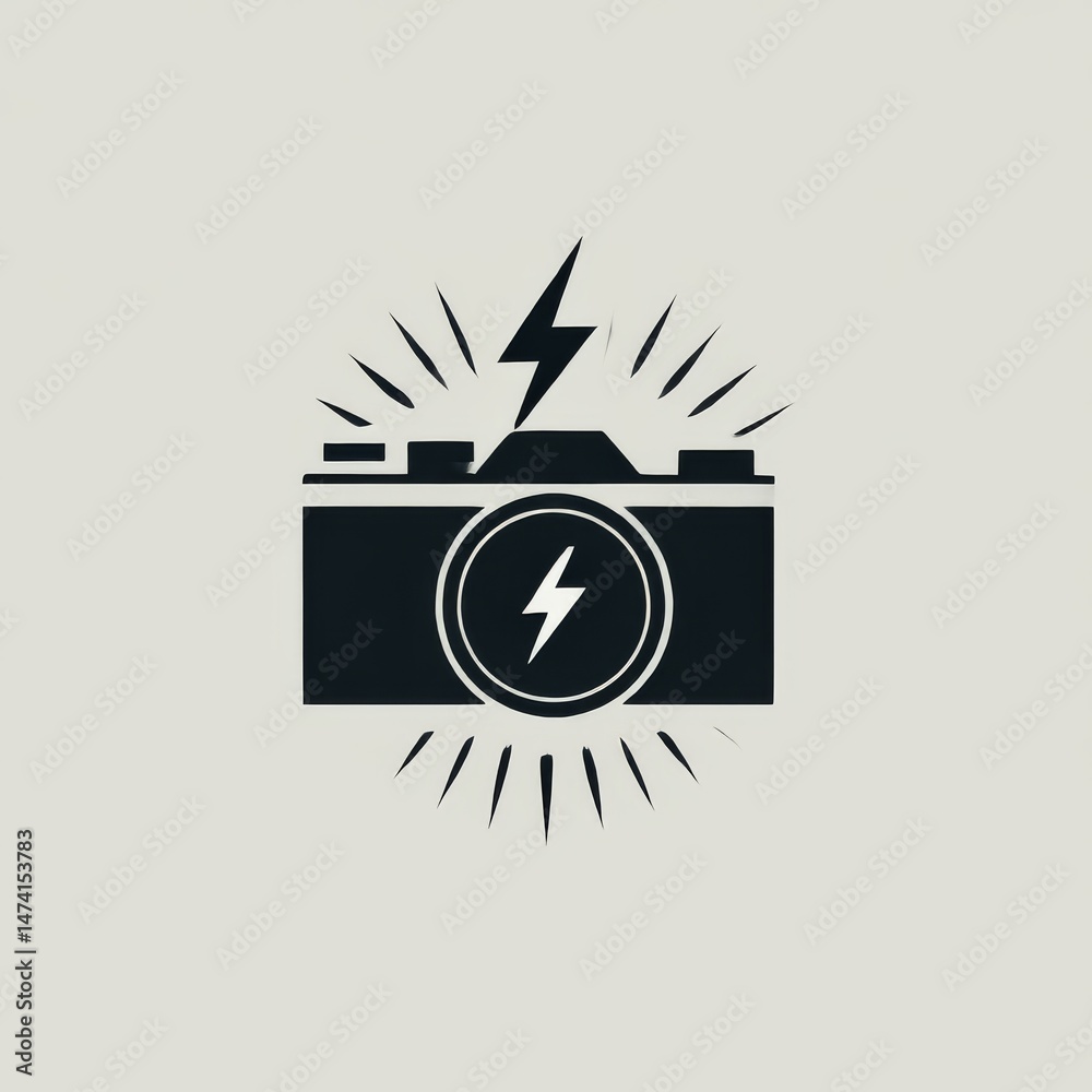 Aufkleber camera with flash symbol, minimalist retro design for photography and electrical concepts.