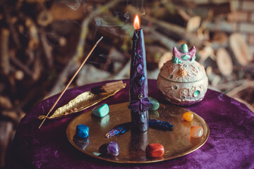 Black Ritual Candle Burning During Full Moon. Esoteric Metamorphosis Ceremony © T.Den_Team