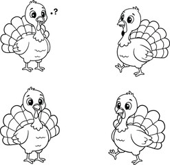 Cute Cartoon Turkeys in Various Poses Including a Coloring Page
