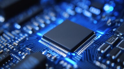 The concept of modern and high technology is represented by a CPU electronic circuit board, incorporating computer programming and AI