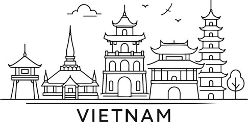 Vietnam Skyline Iconic Landmarks in Line Art