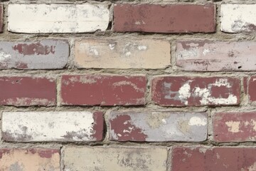Close-up of Weathered Brick Wall with Faded Paint in Varied Colors, Patterned Texture, and Neutral Mortar, Eye-Level Shot