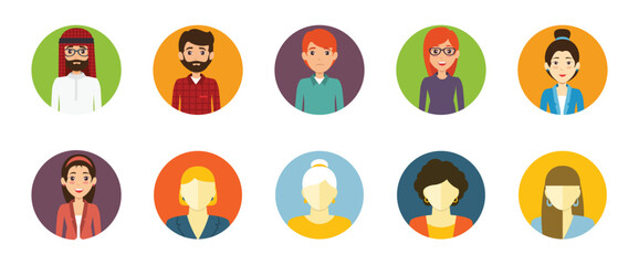 Fototapeta premium Color avatar icon. Profile avatar symbol collection. Flat design icons of various professionals in business attire on colorful circular backgrounds. Vector illustration eps 10