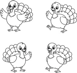 Cute Cartoon Turkeys in Various Poses Including a Coloring Page