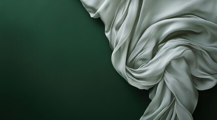 Soft, flowing fabric draped against a deep green backdrop.  Detailed folds and subtle light catch the surface of the fabric