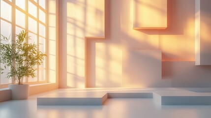 Fototapeta premium Modern minimalist interior with sunlit geometric shapes