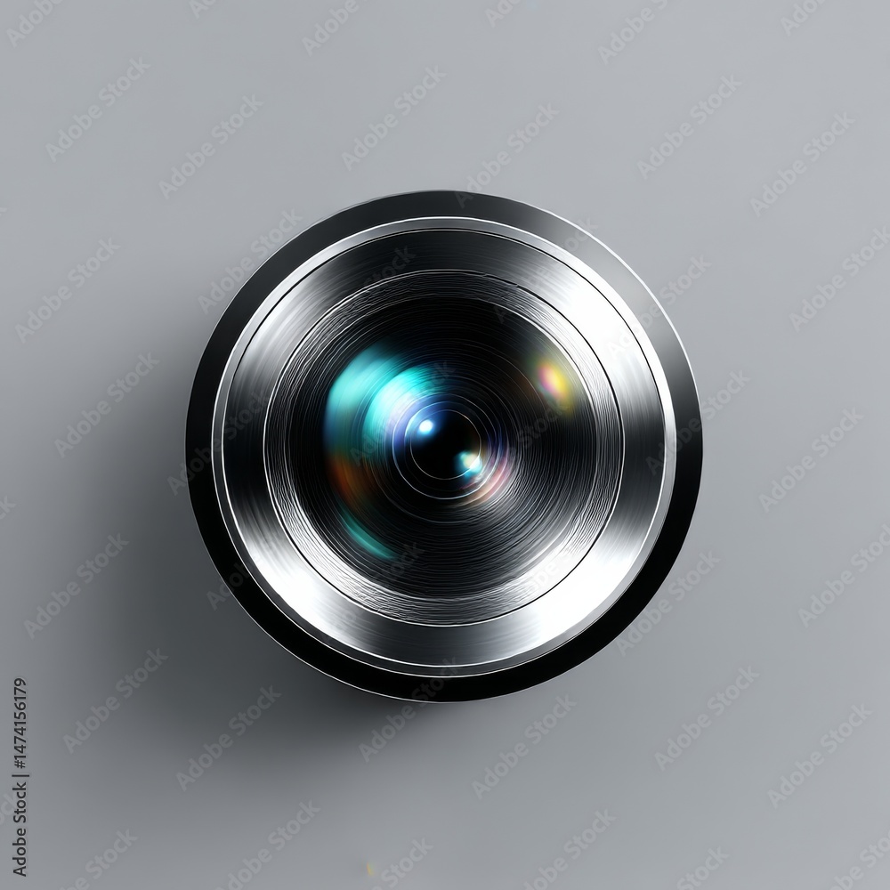 Fototapete macro view of a camera lens: gleaming metal and colorful light reflections on a neutral background