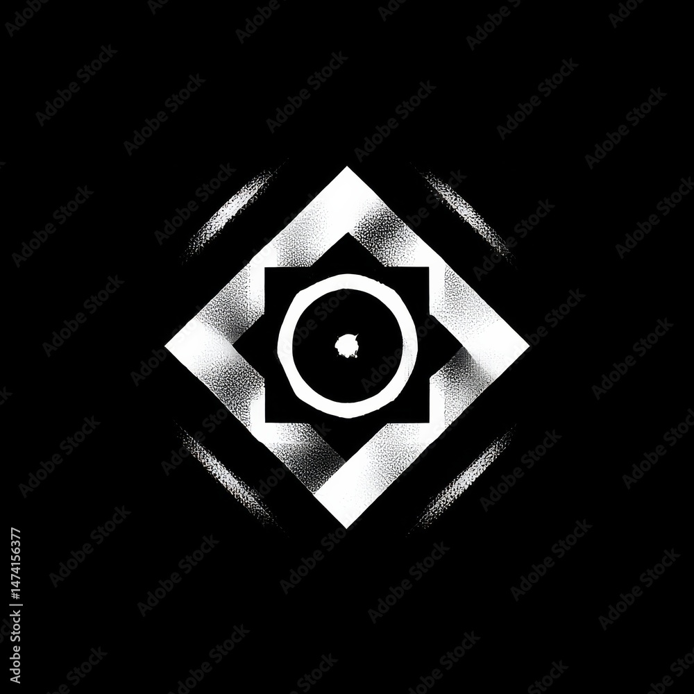 Poster monochrome geometry: a distressed graphic of a central circle encased in a diamond, surrounded by bl