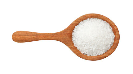 Rustic wooden spoon nestled among a circle of sea salt on a calm blue background evoking a natural aesthetic