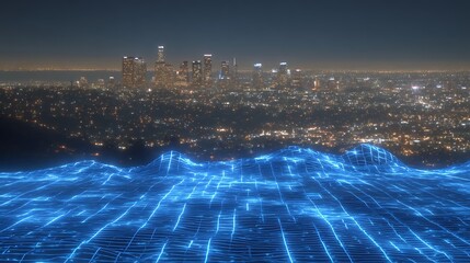 Obraz premium Futuristic LA Skyline Digital Terrain Over City Lights.