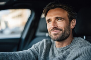 Confident man driving a modern car in daylight
