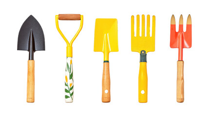 Comprehensive set of gardening tools arranged neatly on a bright white background ready for outdoor planting activities