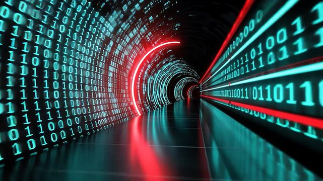 Digital tunnel with binary code and vibrant lights.
