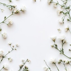 Delicate white flowers arranged in a square frame on a white background.  Small blossoms and stems create a subtle, elegant border