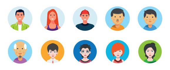 Color avatar icon.  Profile avatar symbol collection. Flat design icons of various professionals in business attire on colorful circular backgrounds. Vector illustration eps 10