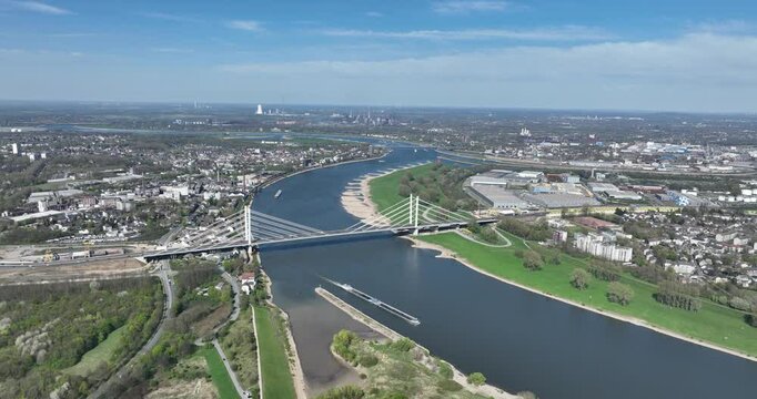 Rhine bridge, Neuenkamp,Duisburg, new constructed bridge, over the rhine river. Germany. Aerial view. Cable bridge.