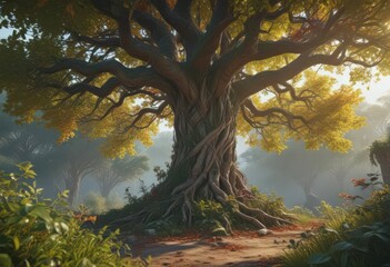 Fototapeta premium Massive tree engulfed by vibrant, tangled vines and exotic leaves , texture, biology, rainforest