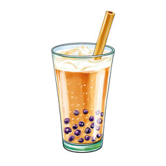Iced boba beverage with a cinnamon stick and ice cubes in artistic watercolor style on a clean white background