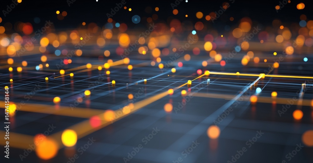 Poster an abstract representation of a digital network consists of interconnected nodes in varying colors, 
