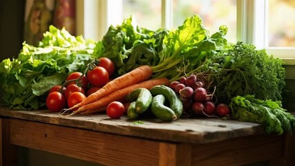 Fresh fruits and vegetables were neatly arranged on the table, ready for cooking and eating.
