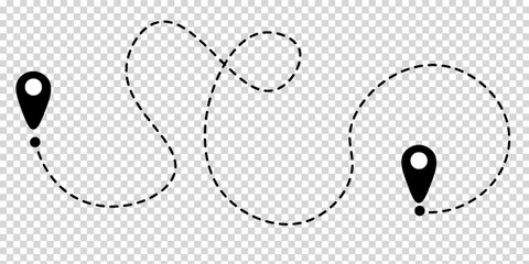 Route icon between two points with a dotted line and a location pin. Location pointer with one continuous line image. GPS navigation route marker.