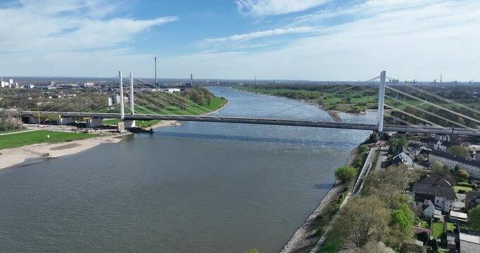 Rhine bridge, Neuenkamp,Duisburg, new constructed bridge, over the rhine river. Germany. Aerial view. Cable bridge.